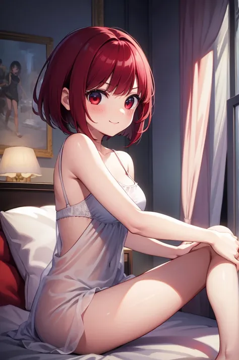 (Highest image quality:1.1), (masterpiece:1.4), (Disorganized:1.0), portrait, Close-up, 1girl Makanai available、Includes makana、bob cut、(red eye:1.5)、redhead、short hair、BREAK bedroom、(blush:1.2)、BREAK while looking at the audience seats、Muscle growth、wrapp...