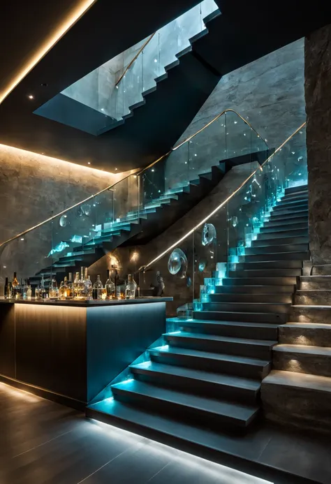 art gallery.VIP lounge area in the basement.Premium bar.Stairs to basement.elegant lighting, statue made of glass, stairs, stunning light, extremely beautiful lighting, liquid sculpture, stunning lighting, Interesting lighting,