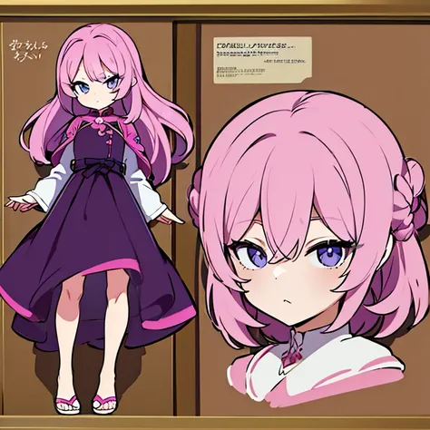 Personagem feminino,cabelo longo,cheio e ondulado de cor castanho escuro, seus olhos castanhos escuro, cor da pele parda, in anime version, de cores das veste branca, with pink and lilac details, em desenho flores, uma personagem feminina estilo anime e um...