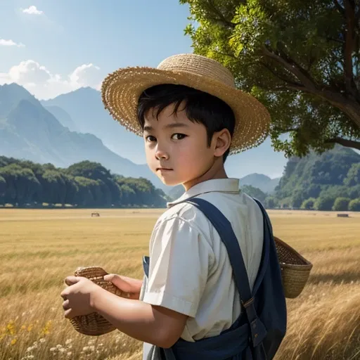  High resolution, Super detailed, masterpiece, highest quality,oriental、Thrift、boy working in the field、grassland、back basket、facing the camera、