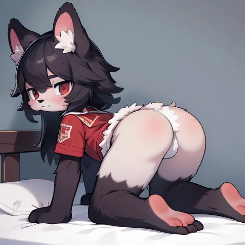 best quality,ultra-detailed,highres,realistic:1.37,hair:fur(furry:1.1),shy expression(kinda shy:1.1),be punished(little boy:1.1),spanked:red mark(spanked:1.1),kneeling position(kneeling:1.1),big eyes，small nose，ass up，Lying on the bed，Put your face on the ...