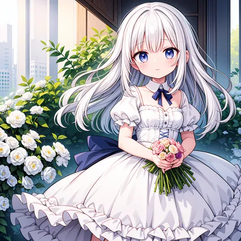 The white-haired girl has tenderness in her eyes，Holding a bouquet of flowers