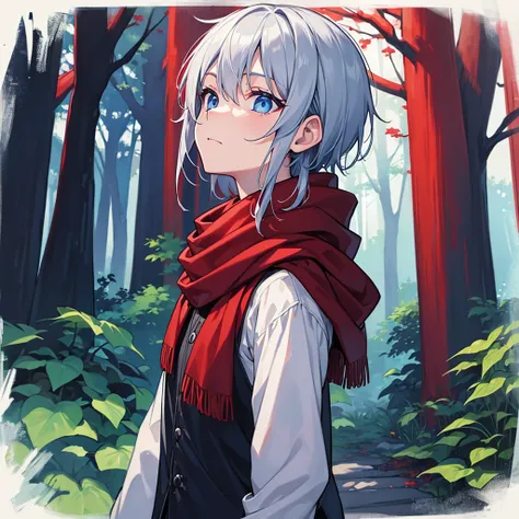 ((high resolution))、((high quality))、solo、goblin、male、(dark blue eyes)、silver short hair、walk in the forest、roll a red scarf、off...