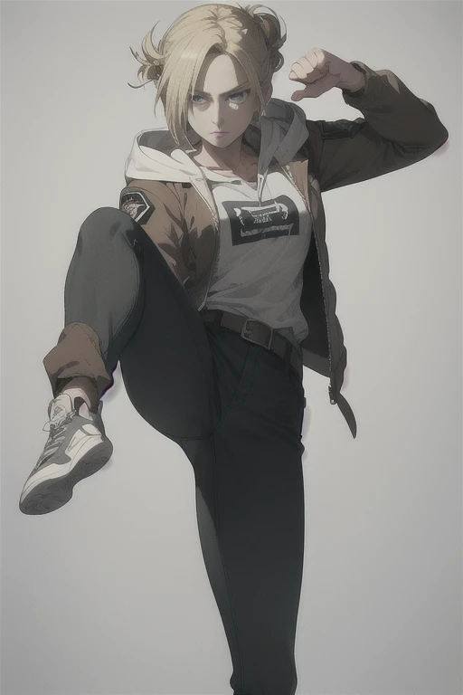 annie leonhardt, anime style beautiful woman, IFBB female bodybuilder, bodybuilder veins, visible defined abs with veins, 1girl, solo, long sleeves, closed mouth, jacket, open clothes, belt, pants, hood, grey background, hair bun, uniform, open jacket, hoo...