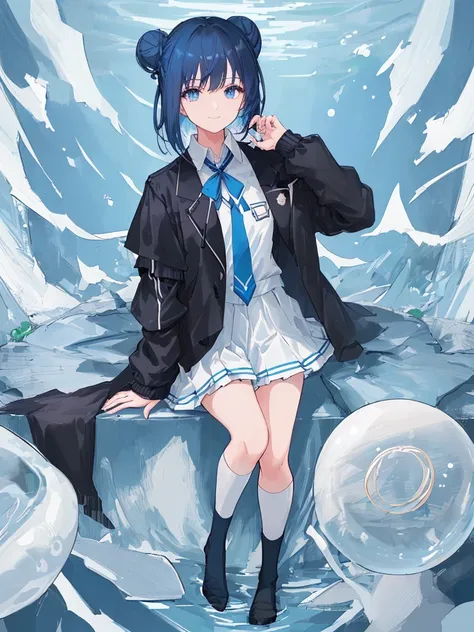 ((top-quality)), ((​masterpiece)), ((ultra-detailliert)), (extremely delicate and beautiful), girl with, 独奏, cold attitude,((Black jacket)),She is very(relax)with  the(Settled down)Looks,A dark-haired, depth of fields,evil smile,Bubble, under the water, Ai...