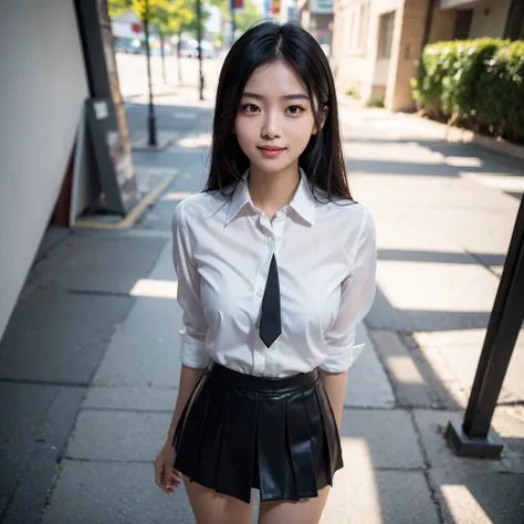 asian girl in a sexy school uniform (black mini skirt and thin tight white shirt), slim girl model, sexy posing, outdor street, ...