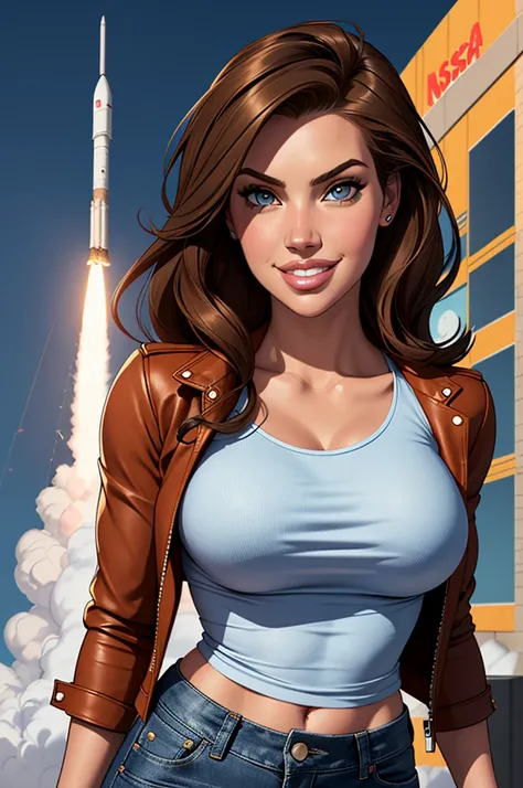 (cartoon style:1.2), Drawings of ([Jessica Simpson, Kate Upton, Kim Kardashian]), wearing a light blue t-shirt, leather jacket and jeans pant, smile, perfect eyes, detailed face, NASA Rocket launch site background, fun posing, flirty look, 