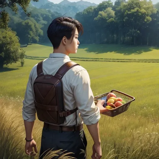  High resolution, Super detailed, masterpiece, highest quality,oriental、Thrift、boy working in the field、grassland、back basket、Front-facing、game poster、