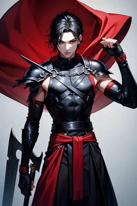 male with black hair black eyes slim body with black sword with red desing with moden cloth in close