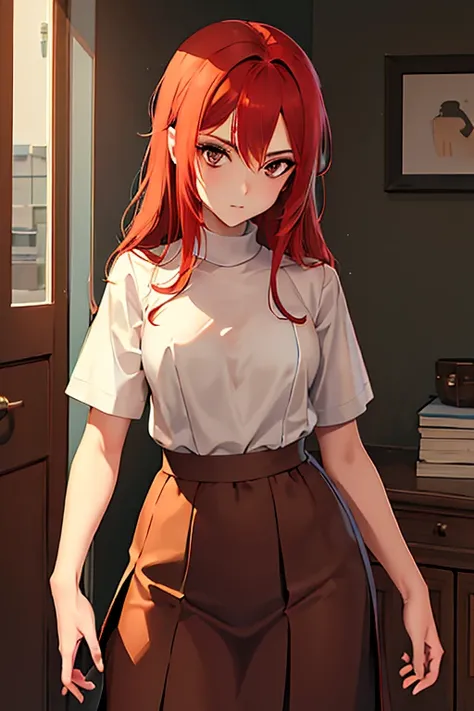 best quality, masterpiece, (actual: 1.2), 1 girl, slim girl, Red hair, brown eyes, front, Detailed face, beautiful eyes, brown eyes, big eyes, small breasts, split, long skirt