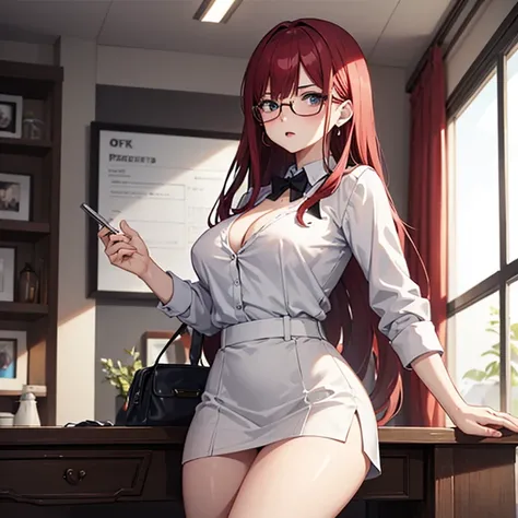 (woman), blush, Ahegao, white skin, smooth white thighs, Sheer blouse, tight mini skirt, red hair、wearing glasses, beautiful face, chest, sweating, sexy, highest quality,8K quality,stand pose, (background: In front of the desk in the office)