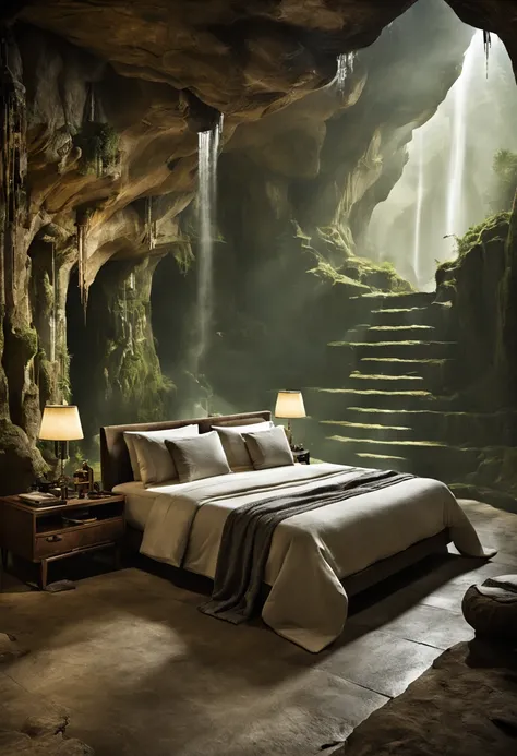 地下cave樓梯.There is a bed，Located in a room with waterfall, fantasy setting, Luxurious environment, 地下cave环境, In a futuristic desert palace, 美丽的奇幻cave场景, futuristic setting, A cozy bathroom hidden in a cave, Surreal sci-fi set design, Inside a cave, Beautifu...