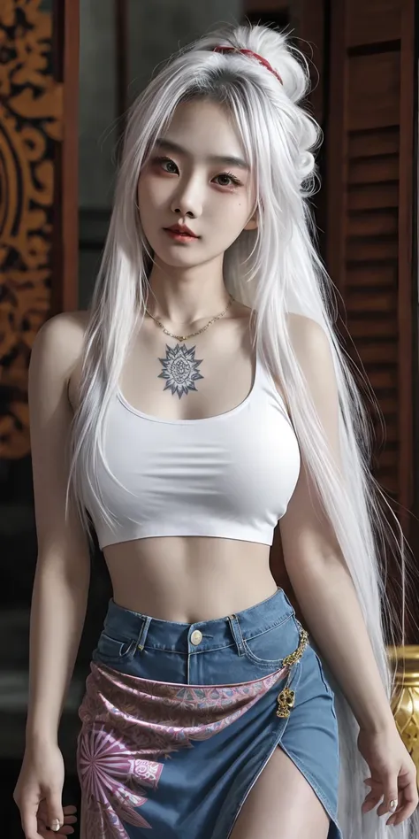 thai,teen,18 year old female, big breasts, mandala tattoo, old_school_tattoo, crop_top, long white hair, peircing_nipples, punk_...