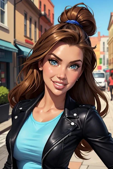 (cartoon style:1.2), Drawings of ([Jessica Simpson, Kate Upton, Kim Kardashian]), wearing a light blue t-shirt, black leather jacket and , smile, perfect eyes, detailed face, street on background, fun posing, flirty look,