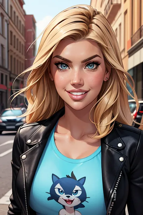 (cartoon style:1.2), Drawings of ([Jessica Simpson, Kate Upton, Kim Kardashian]), wearing a light blue t-shirt, black leather jacket and , smile, perfect eyes, detailed face, street on background, fun posing, flirty look,