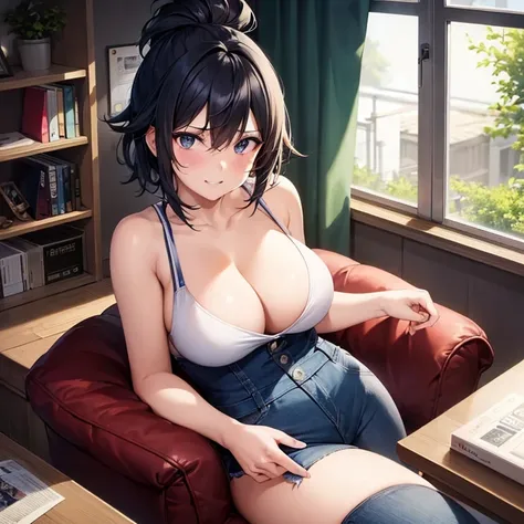 highest quality, 1 girl, ((looking at the viewer)), dark blue hair, black eye, very short hair, spiky hair, Ahoge, T-shirt, high-waisted jeans, 171cm, messy hair, hair between eyes, medium breasts, big breasts, Plump, black skin, Tomboy, adult, 20-year-old...