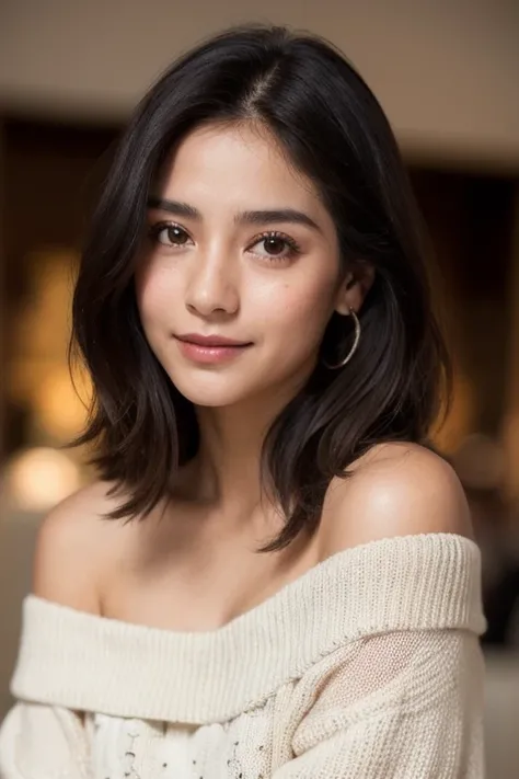 ((Mejor calidad)), ((obra maestra)), (detallado), cara perfecta, mandy kay, sonriente, off-shoulder sweater, cabello corto, 25 years old, mirada seductora, hermosa 