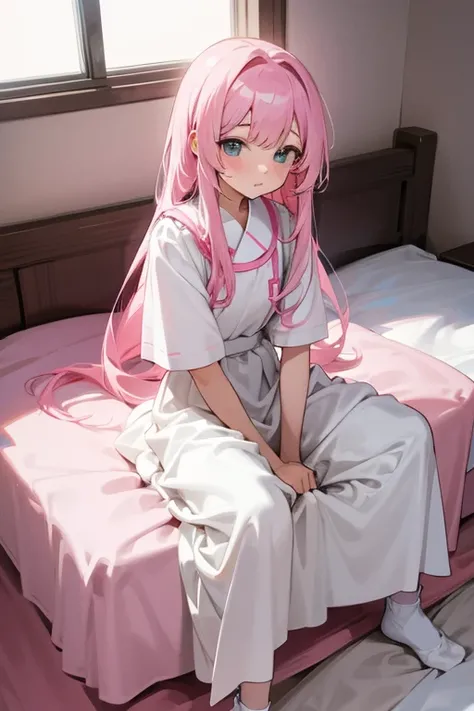 Pink-haired girl，White long skirt，white socks，sitting on bed，spread legs,Holding urine