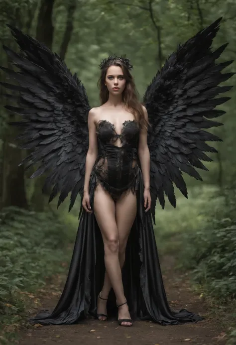 dunkle weibliche Cherubim, full figure shot, in schwarzem Satin gekleidet, huge and tattered wings, photorelistisch, 4K, Sehr detailliert, RAW-Foto, Meisterwerk,