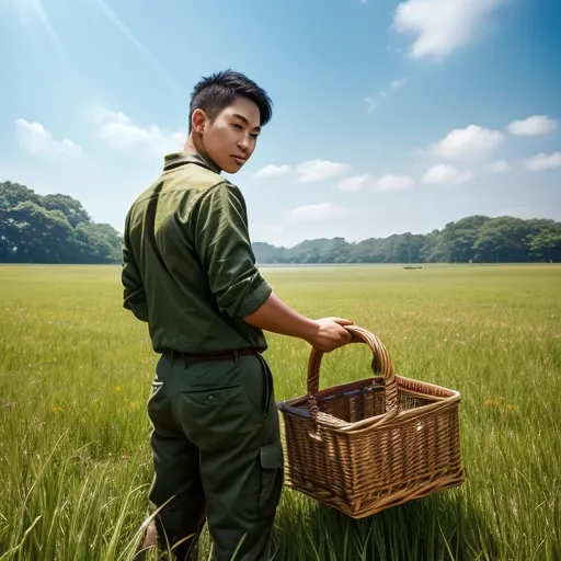  High resolution, Super detailed, masterpiece, highest quality,oriental、Thrift、boy working in the field、grassland、back basket、Front-facing、game poster、