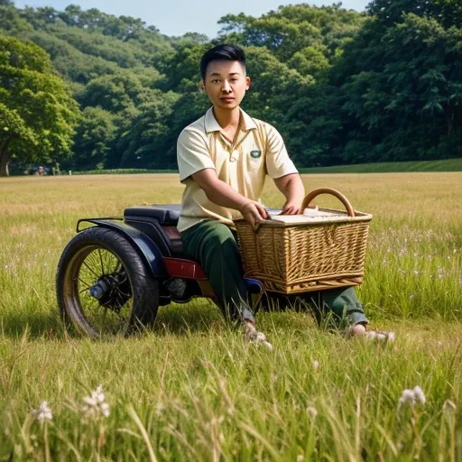  High resolution, Super detailed, masterpiece, highest quality,oriental、Thrift、boy working in the field、grassland、back basket、Front-facing、game poster、