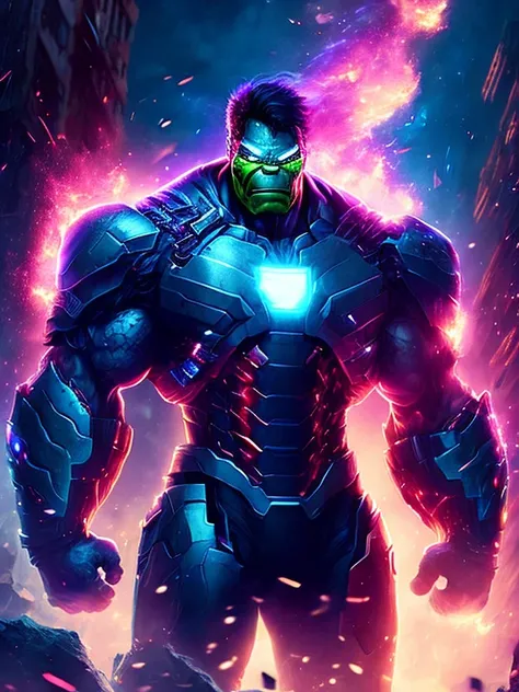 gloomy portrait of hulk wearing Iron Man suit from Marvel, extremely detailed, futuristic cityscape, nighttime, glowing perple neon lights, smoke, sparks, metal shavings, flying debris, blue energy effects, volumetric light