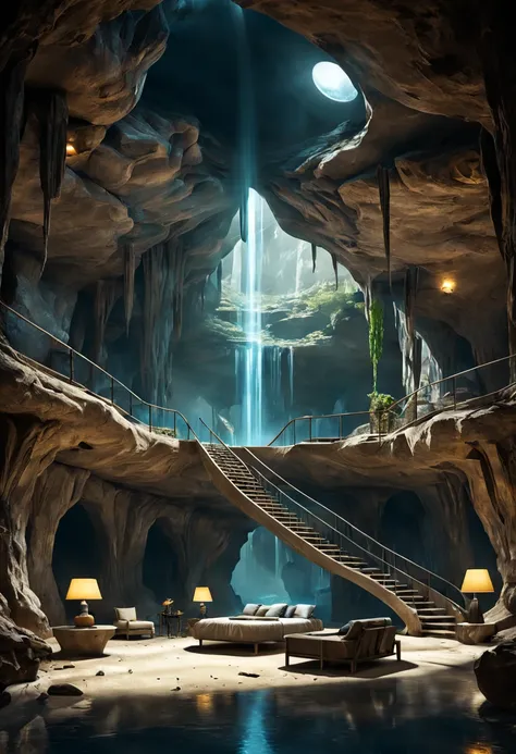 地下cave樓梯.There is a leisure space，Located in a room with waterfall, fantasy setting, Luxurious environment, 地下cave环境, In a futuristic desert palace, 美丽的奇幻cave场景, futuristic setting, A cozy space hidden in a cave,Surreal sci-fi set design with various leisu...