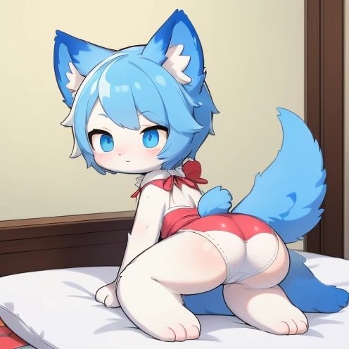 (best quality,highres),boy, furry, raised butt, kneeling on the bed, being spanked by sister, embarrassed, looking back, butt facing outside, two people, paws, furry body, hands on the butt，furry tail and ears，big eyes small nose，正在被打屁股，屁股红彤彤的，蓝色眼睛，白色毛发