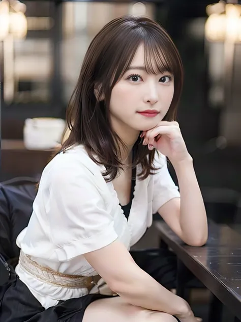 NFSW,In 8K,highest quality:1.4, Super high resolution:1.5, (realistic:1.4),masterpiece:1.2,(highest quality:1.4)、 RAW photo、 (background is blurry),  1 japanese girl, cute, (alone:1.4), (Melancholy look), smooth skin、 (brown medium hair,bangs),Nogizaka,sup...