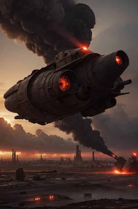 A wasteland-style spaceship，Explode in the air，The engine smoked black，The ship is surrounded by a group of small red wasteland-style aircraft，The background is an abandoned city，Towering industrial towers are everywhere and there is some withered vegetati...