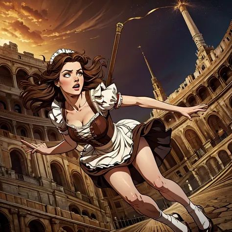 masterpiece, best quality,8k resolution,realistic,, 1 girl, Girl falling off Roman stadium, free falling, wear a maid outfit, looks scared, long brown hair, detail eyes, detail hands and legs, different perspectives