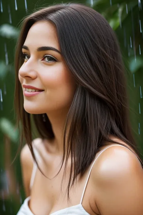 "Craft a scene where a very beautiful 23-year-old woman embraces the rain, each raindrop telling a story of resilience and elegance. How does the weather mirror her emotions and enhance her natural allure?", balanced figure, highlighting persons unique bea...