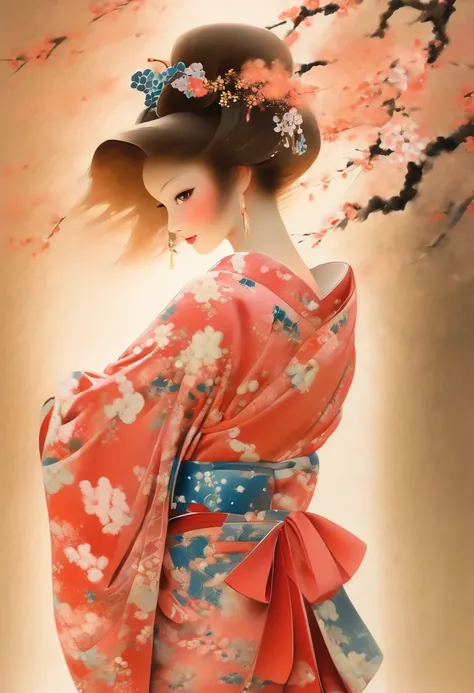 A beautiful woman standing like a beautiful model wearing a kimono,