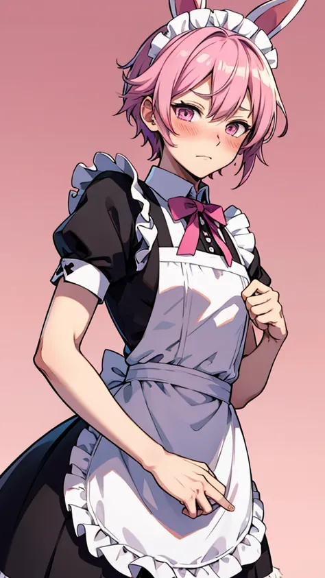 Anime guy Wearing maid clothes with pink spike hair, with mini whtite ribbon, white rabbit ears, and A shy face and blushing