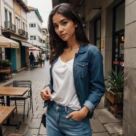 Modelo brasileira, friendly about 20 years, sorrir, academia, mesa, lunch, sobremesa, comendo, MEAL, coffee shop, Outside, Rua, Rua outfit, roupas casuais chuva, cabelo molhado, guarda chuva, water, nuvem, nublado, Denim Jeans Pants, spontaneous black jack...