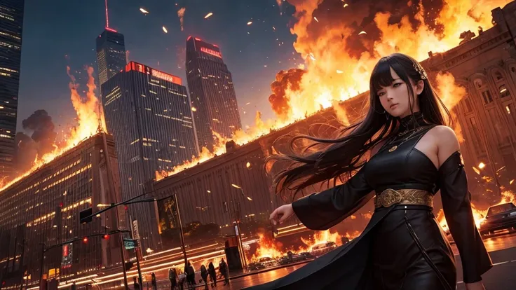 (in 8K, RAW Photos, top-quality, ​masterpiece:1.2), (realisitic, Photorealsitic:1.37), ultra-detailliert, high resolution, Huge Monster and sexy sorceress, building crumbling, Burning flame, stunningly beautiful face, dynamic ungle, shinjuku