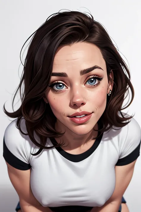 (cartoon style:1.2), Drawings of ([Rachel McAdams]), portrait, wearing black t-shirt, short skirts, perfect eyes, detailed face, white background, fun posing, flirty look, Centered, scale to fit the dimensions