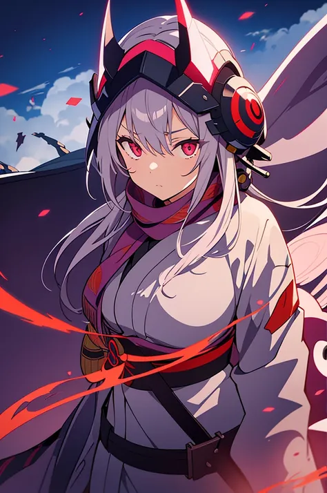 woman, grey kimono, wearing kabuto war helmet, purple clouds, long grey hair, red glowing eyes, wearing torn silk scarf