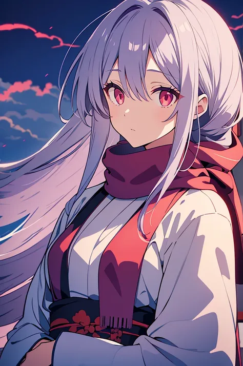 woman, grey kimono, purple clouds, long grey hair, red glowing eyes, wearing silk scarf in shreds