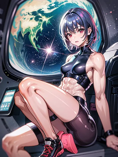 （（（masterpiece、Highest image quality、highest quality、highly detailed unity 8ｋwallpaper）））、（（Illustration of one girl））、（pilot）、（（（blue silver short hair）））、red eyes、（（tall））、（（（muscle girl、muscular and strong body、abs、muscular and thick arms、muscular and t...