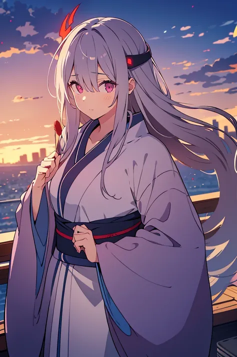 woman, grey kimono, purple clouds, long grey hair, red glowing eyes, wearing blindfold