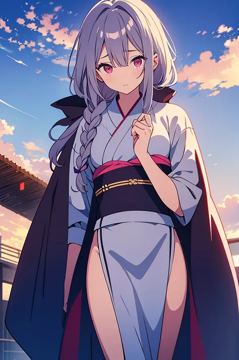 woman, grey kimono, purple clouds, long grey hair, red glowing eyes, wearing blindfold