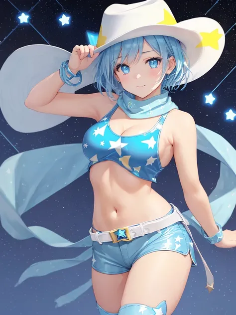 masterpiece, best quality, ultra detailed,realistic,re zero, blue hair, short hair,((large breasts)), (light-blue theme:1.4),(sexy
cowgirl costume:1.2),(sleeveless
(light-blue crop top) with (many smal
star-symbol print):1.4),(plunking
neckline:1.4)、((bare...