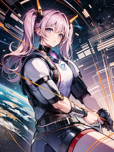 （（（masterpiece、Highest image quality、highest quality、highly detailed unity 8ｋwallpaper）））、（（Illustration of one adult））、（（25 years old））、（pilot）、（（（Beautiful girl with a beautiful face、The body is a man）））、（（（Twintails with pink hair）））、Light gray eyes、（（t...