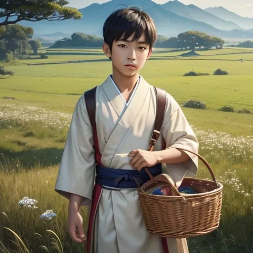  High resolution, Super detailed, masterpiece, highest quality,oriental、boy、boy working in the field、grassland、basket bag、Wearing traditional Japanese costumes、ancient japanese hairstyle、game poster、solo、