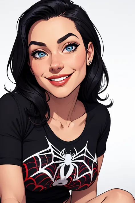 (cartoon style:1.2), Drawings of ([Spider Woman]), portrait, wearing black t-shirt, short skirts, smile, perfect eyes, detailed face, white background, fun posing, flirty look, Centered, scale to fit the dimensions