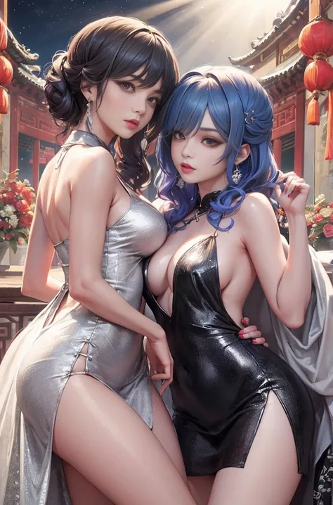 Realistic，2 girls，gray hair，black hair，Chinese Girl，purple eye，shining eyes of light，cut the top，skirt，parted lips，face turns red，night，fresh flowers，sun，rays of sunhine，on top of the cheongsam，mature woman，mature，