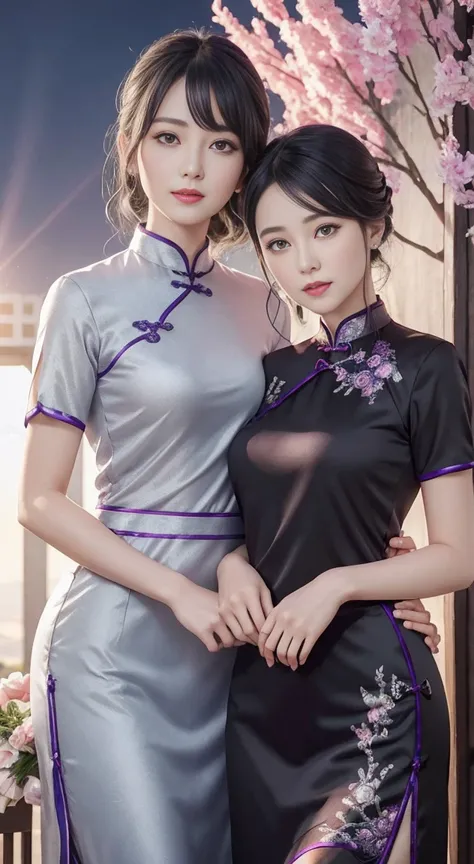 Realistic，2 girls，gray hair，black hair，Chinese Girl，purple eye，shining eyes of light，cut the top，skirt，parted lips，face turns red，night，fresh flowers，sun，rays of sunhine，on top of the cheongsam，mature woman，mature，