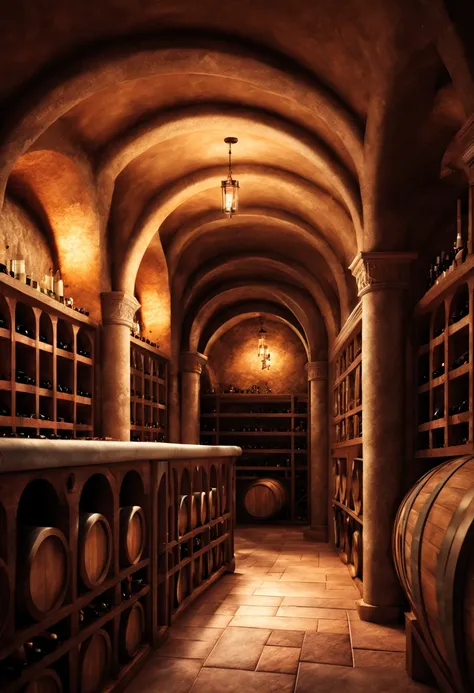 underground space for wine storage. depth of field. multi-layered vast space. warm lighting. detailed master works. high-definit...