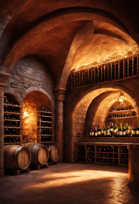 underground space for wine storage. depth of field. multi-layered vast space. warm lighting. detailed master works. high-definit...